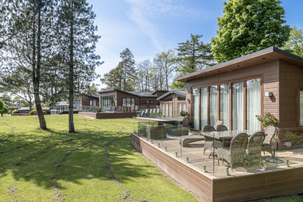 Modern lodges in lush greenery captured by UK property photographer, North Wales photographer.